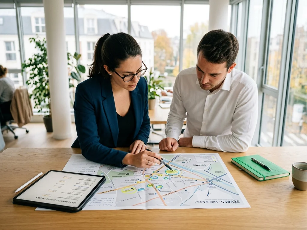 Équipe d'experts analysant une carte de Sèvres pour optimiser le référencement local d'une entreprise.