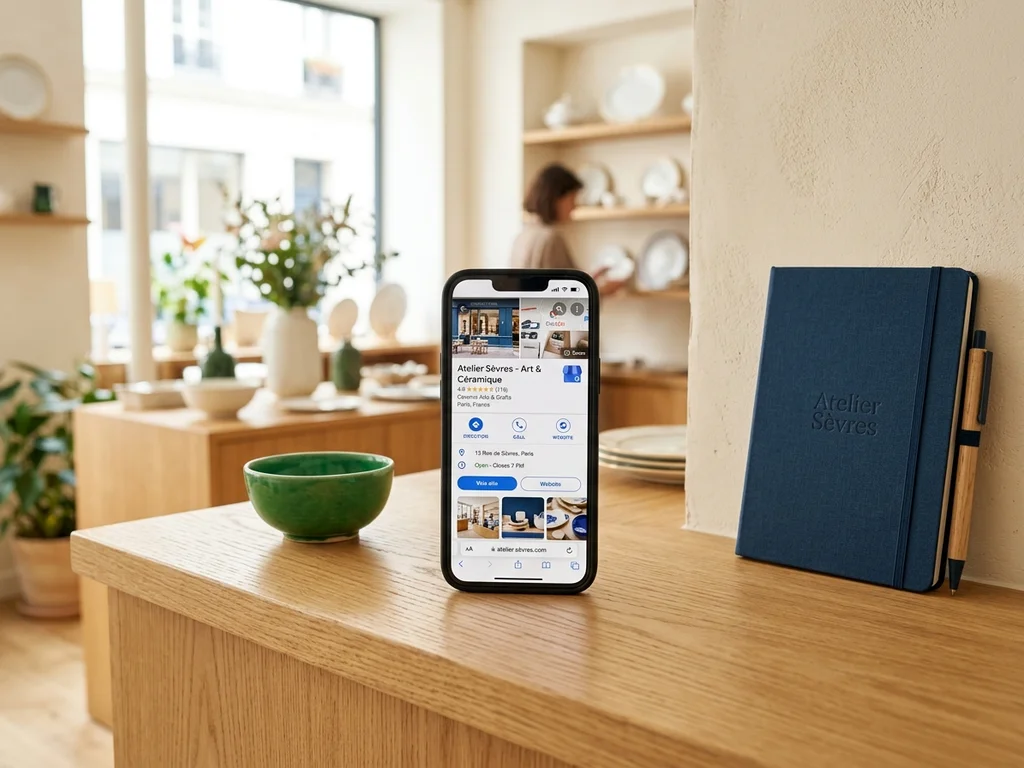 Smartphone affichant une fiche Google Business Profile optimisée sur le comptoir d'un commerce local à Sèvres.