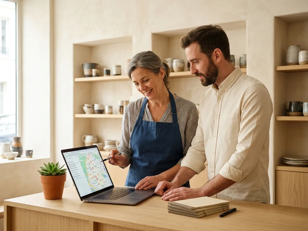 Commerçante de Sèvres et consultant SEO optimisant un profil d'établissement pour booster la visibilité locale.